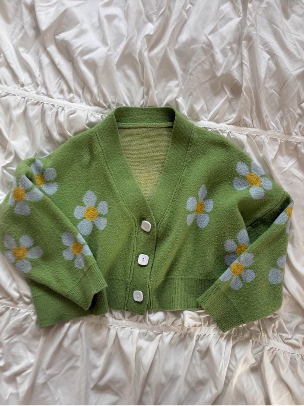 Green Daisy-Print Cropped Cardigan Sweater